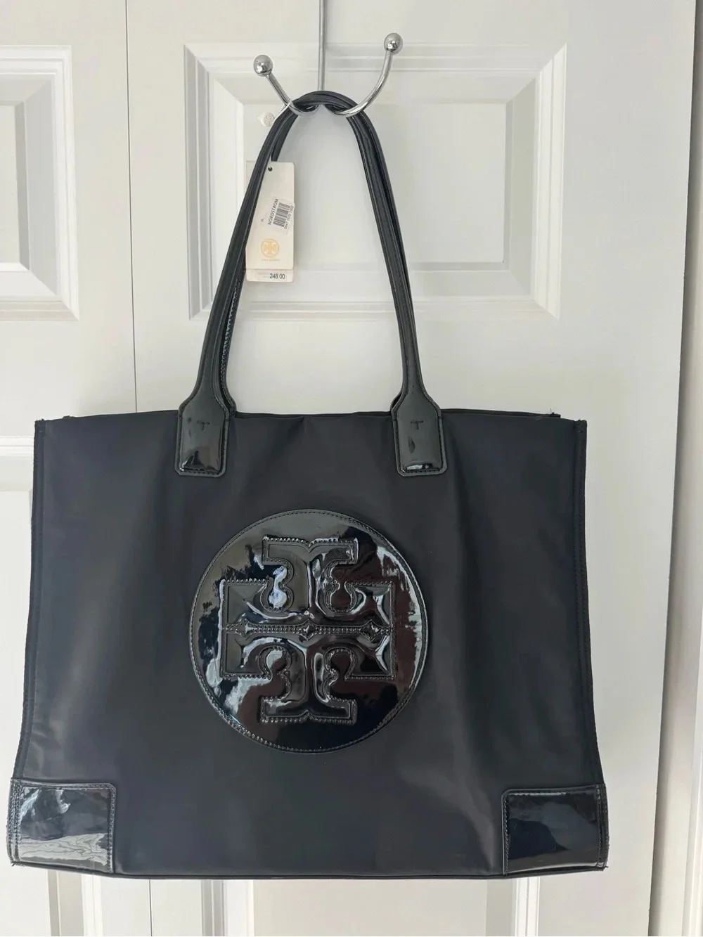 Tory Burch Black Nylon Tote with Patent Logo